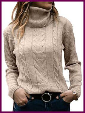 Turtleneck Long Sleeve Cable Knit Pullover Sweater Slim Fit Ribbed